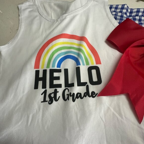 Hello 1st Grade Girls Outfit White Tank Top & Blue Gingham Ruffle Shorts With Re - Picture 4 of 6